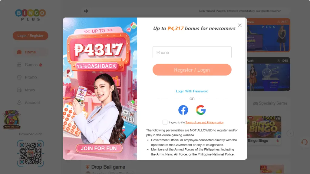 bingoplus login screen