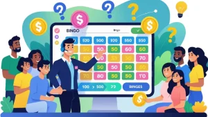 A group of people receiving help from a customer service representative about bingo game credits, with bingo cards and virtual coins visible on a large digital screen.