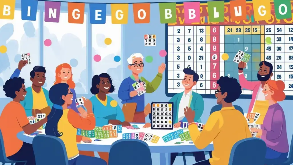 People sitting around a table playing bingo with a caller drawing numbered balls from a cage.