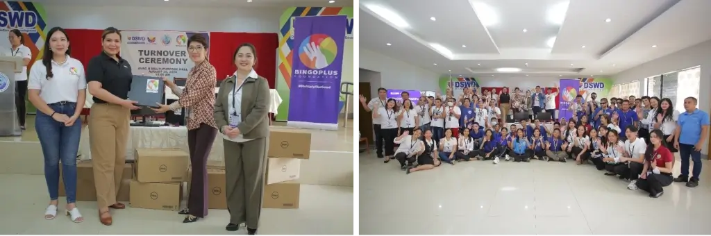 BingoPlus Foundation COO Celeste Jovenir and Executive Director Angela Camins-Wieneke officially handing over digital equipment to DSWD representatives for the PLUS Center.