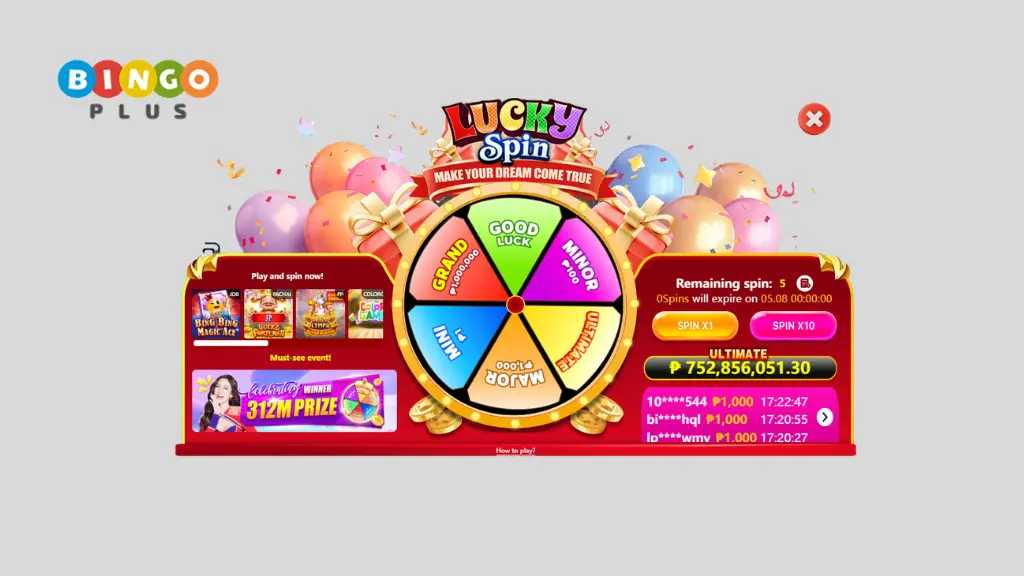 Bingoplus Lucky Spin Page Screenshot