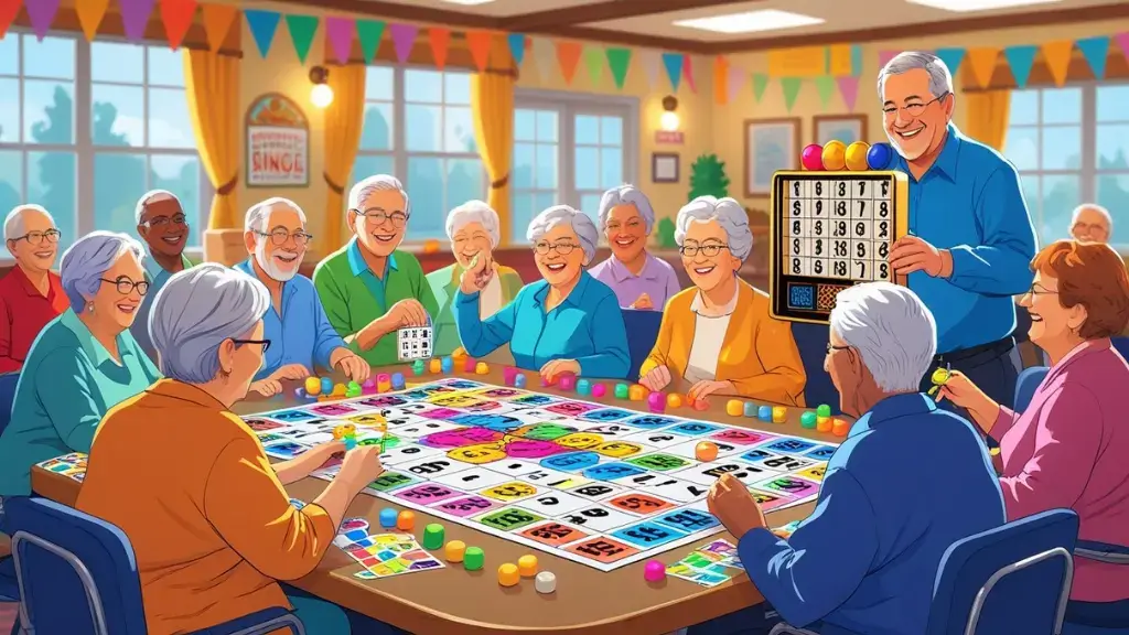 A group of people playing bingo around a table with bingo cards and numbered balls in a community center.