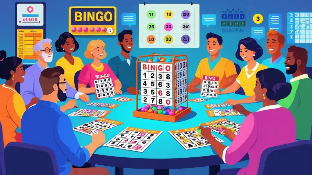 A group of people playing bingo around a table with a bingo caller and bingo cards, showing an engaging and focused game atmosphere.