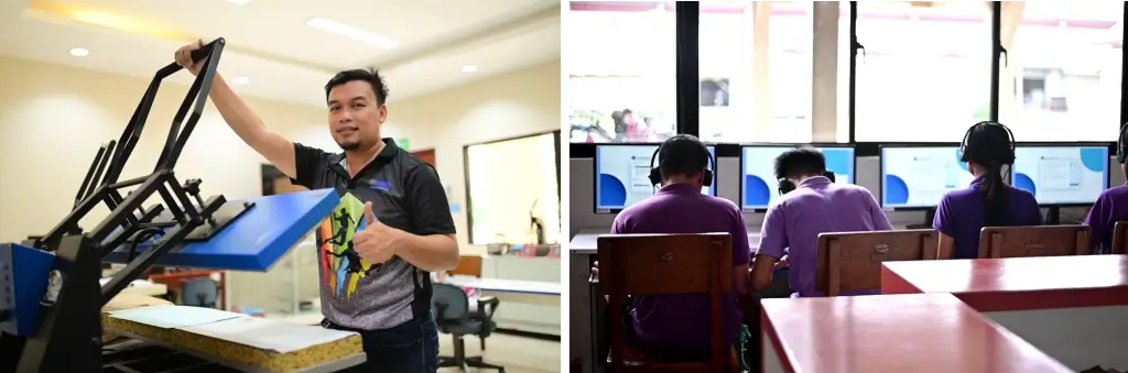 Graduates accessing computers and printing equipment at the PLUS e-Center to process job applications or start businesses.