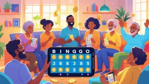 A group of people happily playing bingo together around a digital bingo board, with one person holding a smartphone showing increasing bingo credits.