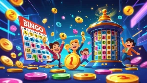 A lively bingo game scene with colorful bingo cards, numbered balls, and people celebrating wins.