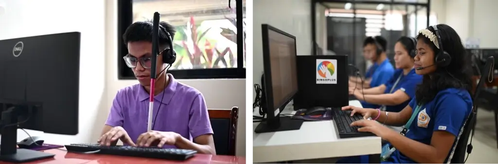PWD trainees using assistive audio software and speech-to-text tools during digital literacy training at the PLUS Center for Technology and Livelihood.