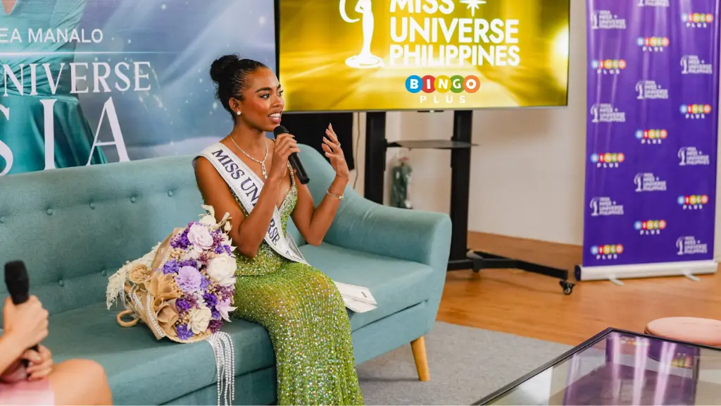A closer look at Miss Universe Asia Chelsea Manalo, answering questions from the press.