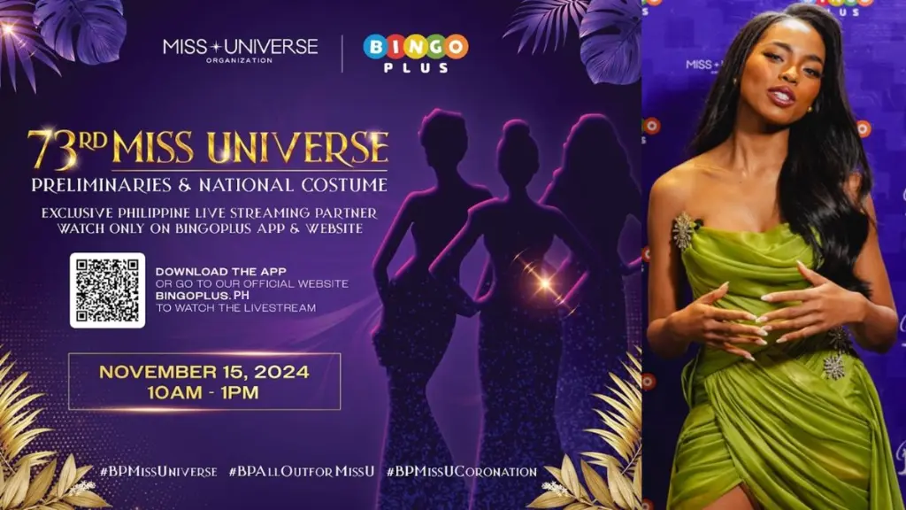 The official banner of the 73rd Miss Universe Preliminaries & National Costume in partnership with BingoPlus as the exclusive Philippine live-streaming partner.