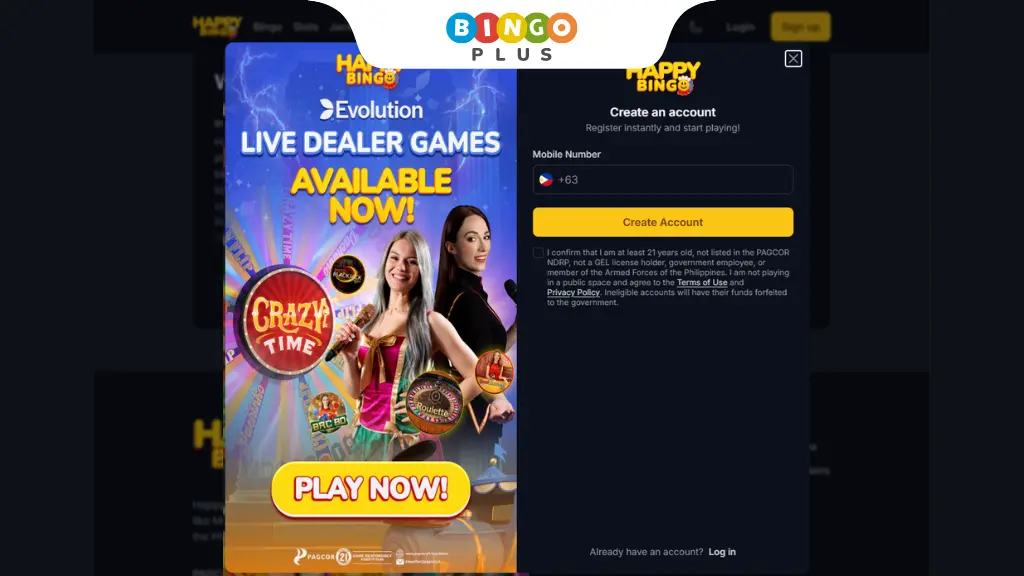 Happy Bingo Registration Page