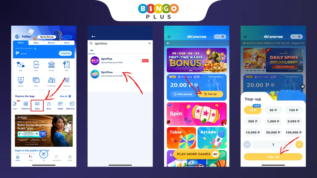 SpinTime Top Up on GCash Process Diagram