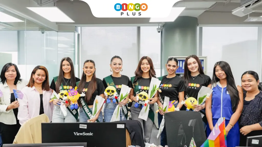 The beauty queens of Miss Earth Philippines 2025 posing with BingoPlus Employees.