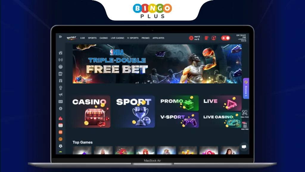 Winzir homepage showing online sports betting, live casino, and slots options