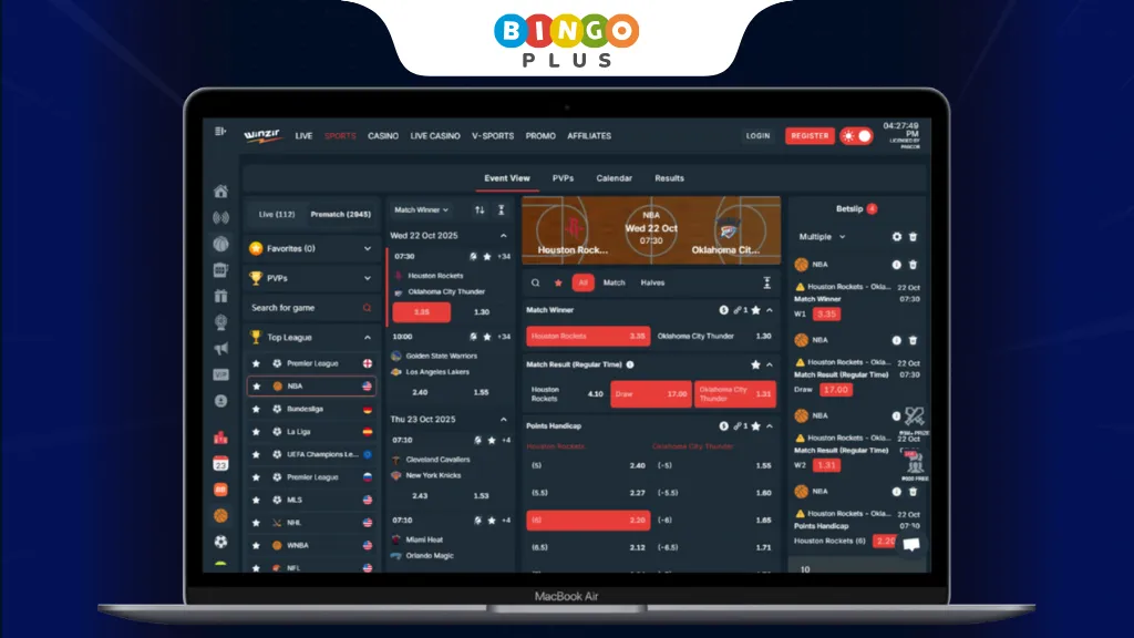 Screenshot of Winzir sports betting interface