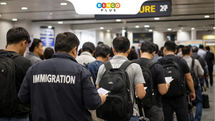 Philippine immigration officers inspect foreign nationals during POGO crackdown