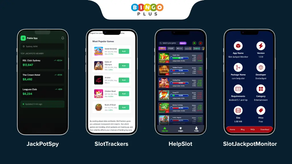 Screenshots of different Slot Jackpot Monitor app interfaces