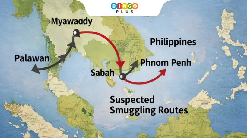 Map showing suspected smuggling routes used by illegal POGO networks in Southeast Asia