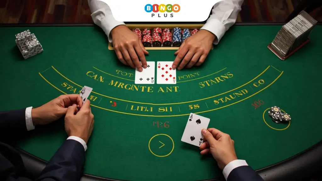 Blackjack player deciding whether to hit or stand on a 16 against dealer 10 at the table