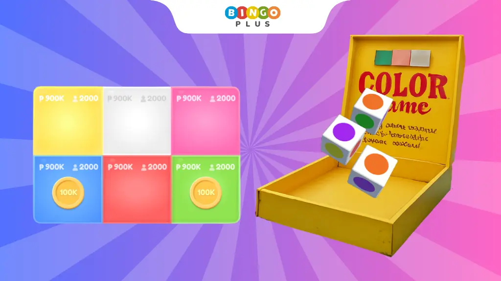 Three dice showing different color combinations in color game