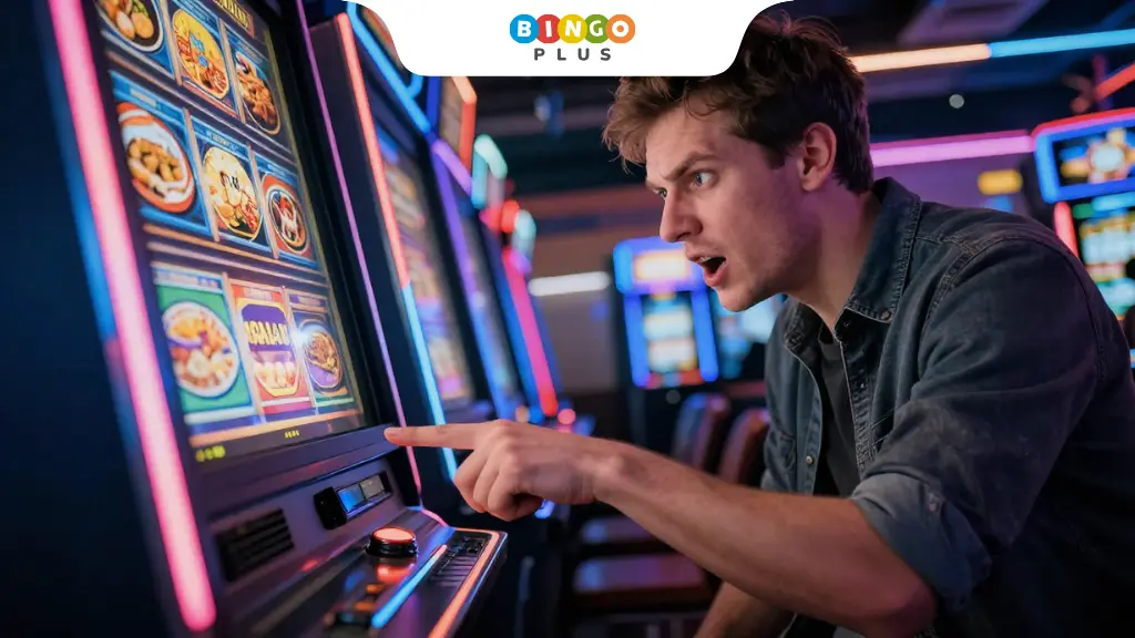 The player clicks the stop button in an attempt to control the outcome of the slot machine.