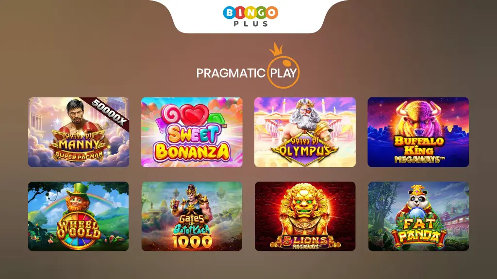 BingoPlus logo with various Pragmatic Play slot game characters