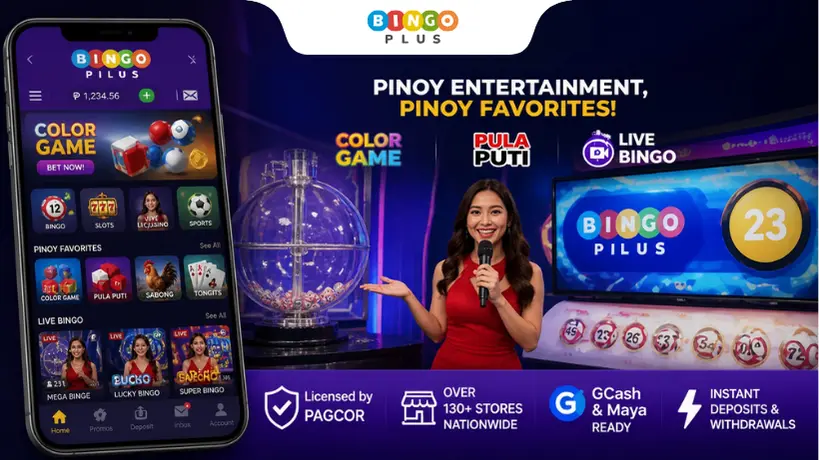Interfaces or scenes showcasing Philippine-themed games such as Color Game and live bingo.
