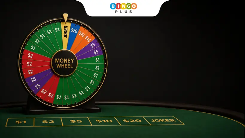 Minimal casino money wheel beside a green betting table with dark cinematic lighting