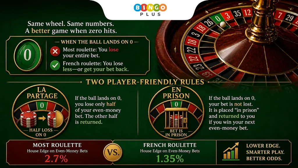 French Roulette wheel with La Partage and En Prison rules highlighted