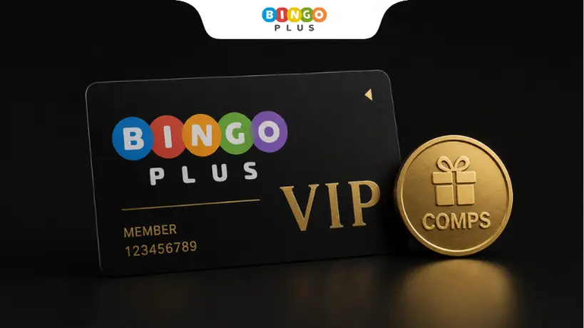 Minimal luxury BingoPlus VIP rewards card with casino comps coin on a dark background