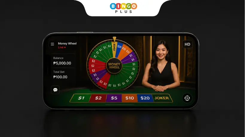 Smartphone displaying a live dealer money wheel game with a minimalist casino interface