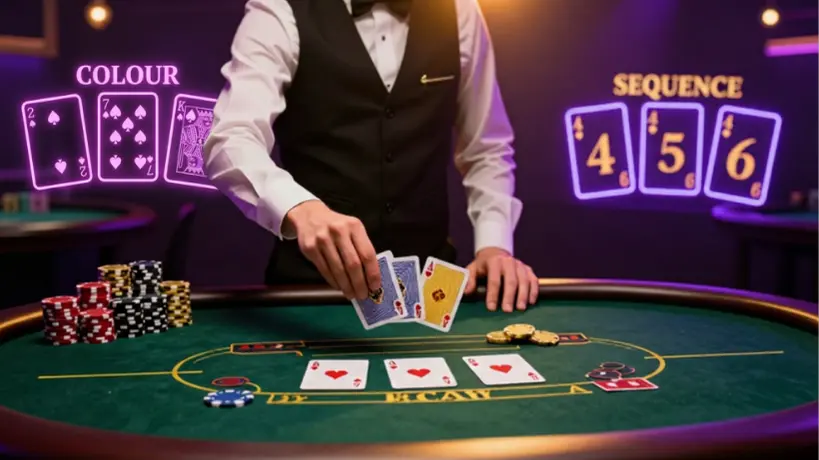 Live Teen Patti table scene with a professional dealer dealing cards, poker chips stacked on the table, and dramatic casino lighting highlighting the excitement of real-time gameplay and Sequence vs Colour hand concepts.
