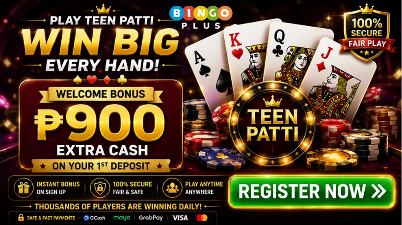 Teen Patti casino-style promotional banner featuring a ₱900 welcome bonus, poker chips, playing cards, secure gaming icons, and a bright Register Now call-to-action button.