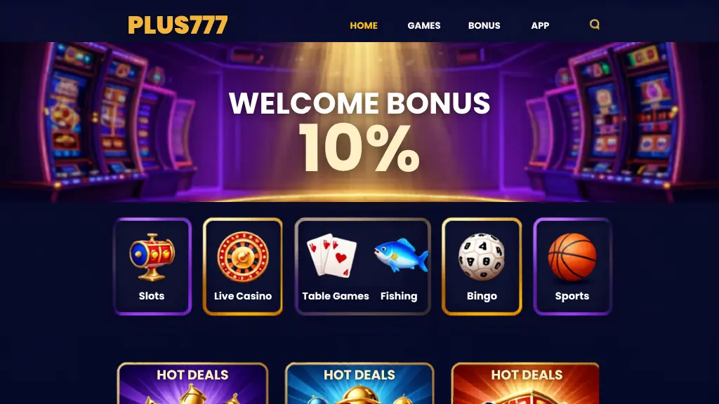 Plus777 homepage showing game categories and promotions