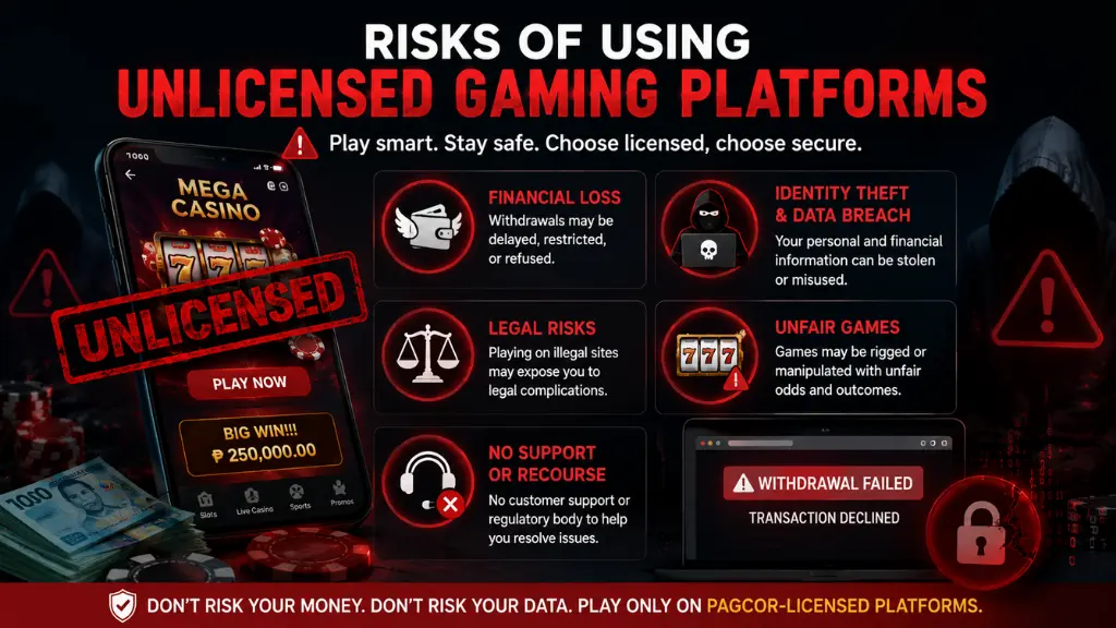 Warning illustration about fraud and security risks on unlicensed gaming sites