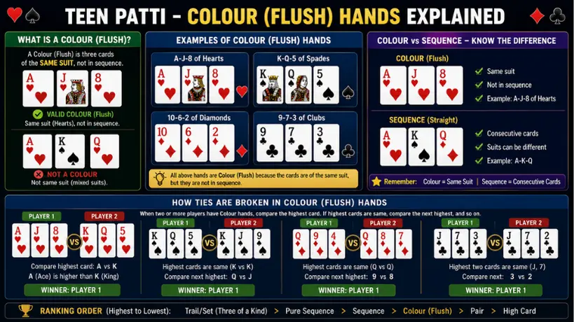 Teen Patti Colour (Flush) hands infographic showing same-suit card combinations, Colour vs Sequence comparison, and tie-breaking examples based on highest cards.