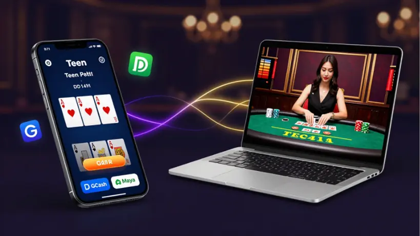 Composite image of a smartphone displaying a Teen Patti mobile game with GCash and Maya payment logos beside a laptop streaming a live dealer Teen Patti table, emphasizing mobile play and secure digital payments.
