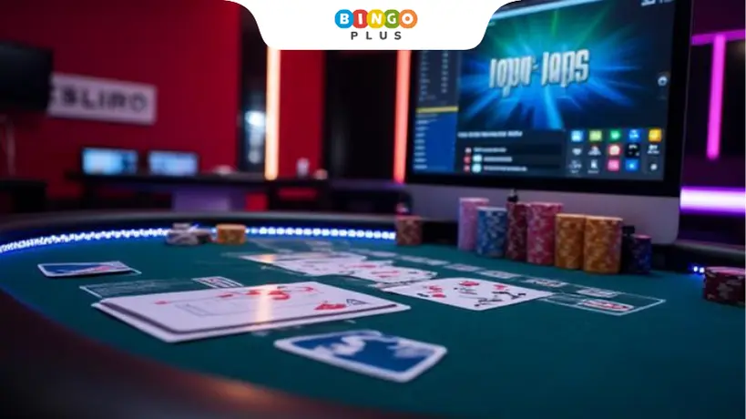 Professional online poker table setup with digital chips and cards