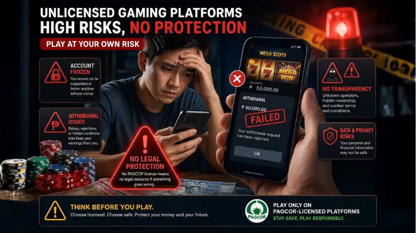 Concept art depicting players frustrated by frozen accounts or failed withdrawals on unlicensed gaming platforms.