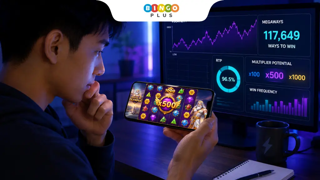 Player analyzing high volatility slot games and multiplier mechanics