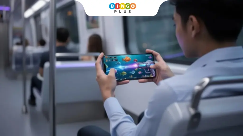 Commuter playing a mobile fishing arcade game while traveling on a metro train