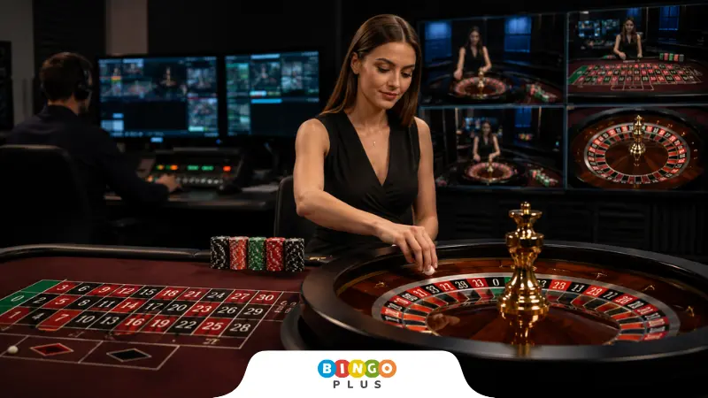 Live casino dealer monitored by studio technology during a roulette game