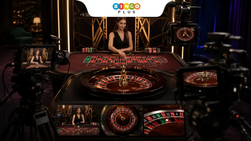 Multiple camera angles capturing a live roulette table and dealer