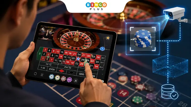 Live roulette betting interface showing digital chips and online bets