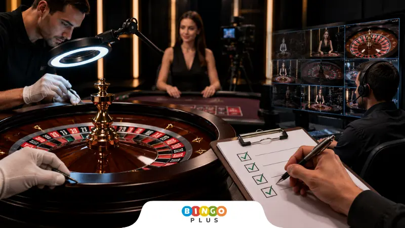 Live roulette equipment testing and compliance monitoring in a casino studio