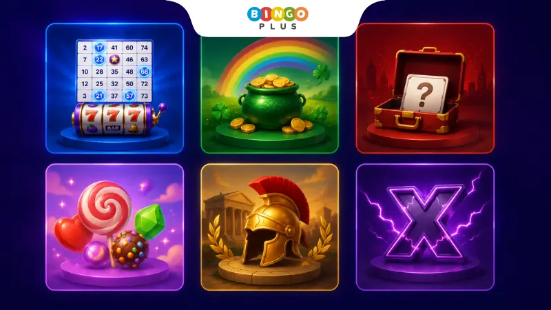 Illustration featuring popular Slingo game themes with colorful game cards and casino-inspired designs.