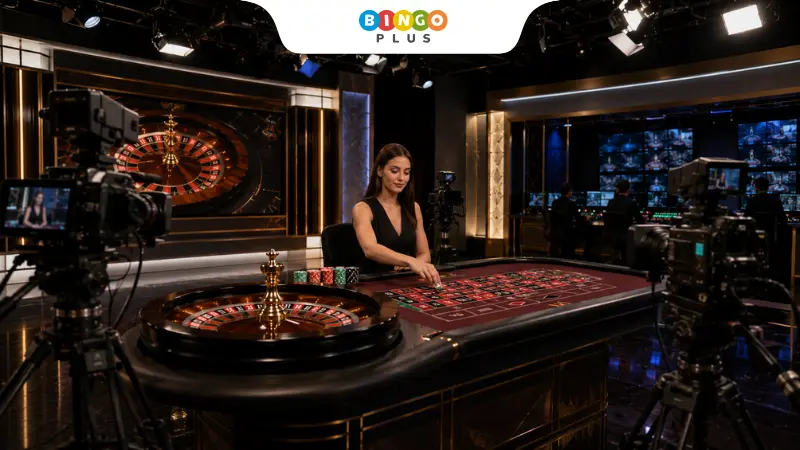 Professional live casino studio with a roulette table, dealer and cameras