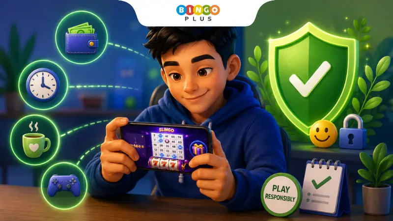 Illustration promoting responsible Slingo gaming with budget management, time limits, and safe online play.