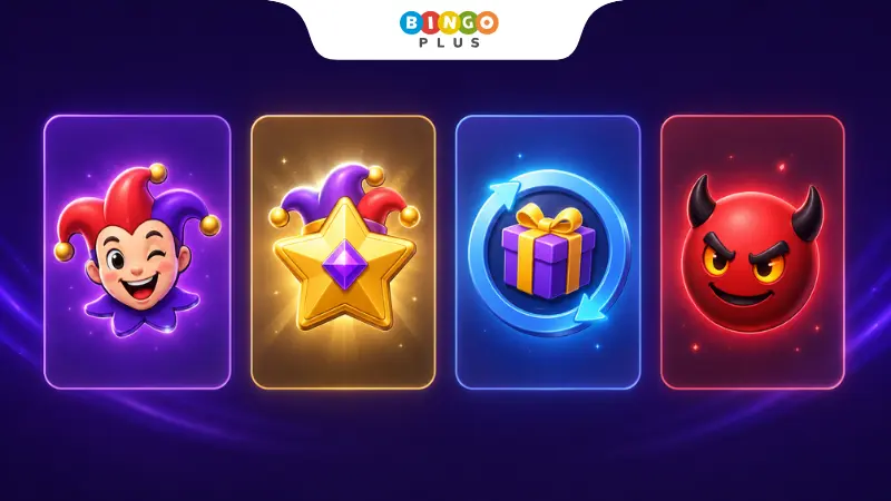 Illustration of common Slingo special symbols including Joker, Super Joker, Free Spin, and Devil icons.