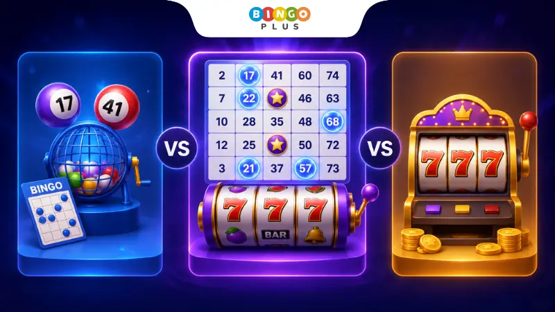 Comparison illustration showing the differences between Slingo, traditional bingo, and online slot games.