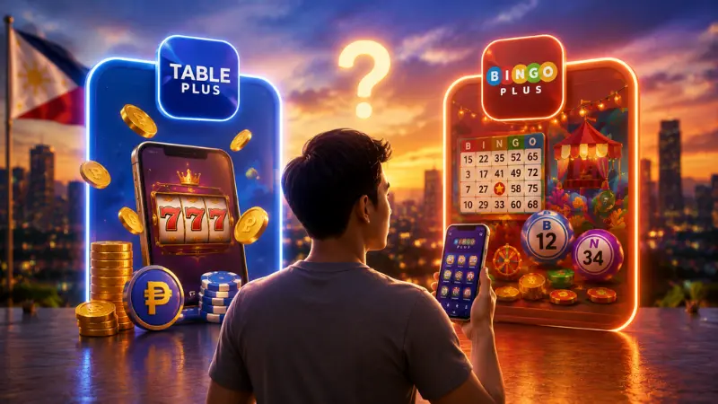 A Filipino gamer is holding his phone, torn between choosing BingoPlus or TablePlus.